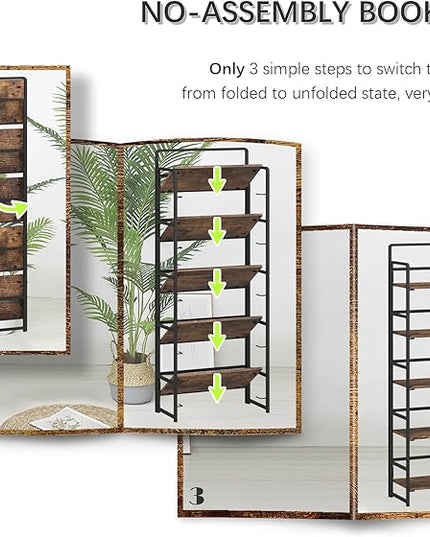 4NM No-Assembly 5 Tiers Folding Bookshelf Storage Shelves Vintage Bookcase Standing Racks Study Organizer Home Office (Rustic Brown, 5 Tiers) - LeafyLoom