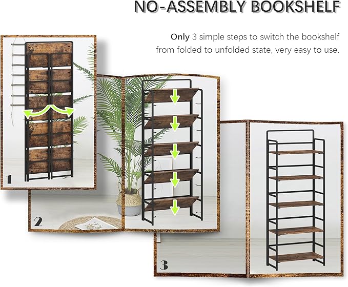 4NM No-Assembly 5 Tiers Folding Bookshelf Storage Shelves Vintage Bookcase Standing Racks Study Organizer Home Office (Rustic Brown, 5 Tiers) - LeafyLoom