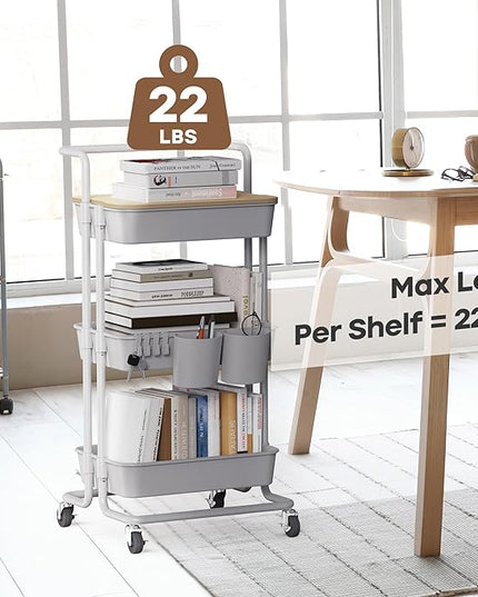 DTK 3 Tier Rolling Utility Cart with Cover Top Board, Movable Kitchen Storage Cart Trolley with Lockable Wheels, Cups, Hooks for Kitchen Bathroom Home Office Art Craft Storage and Organization(Grey) - LeafyLoom