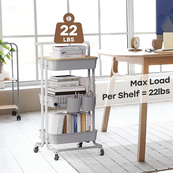 DTK 3 Tier Rolling Utility Cart with Cover Top Board, Movable Kitchen Storage Cart Trolley with Lockable Wheels, Cups, Hooks for Kitchen Bathroom Home Office Art Craft Storage and Organization(Grey) - LeafyLoom