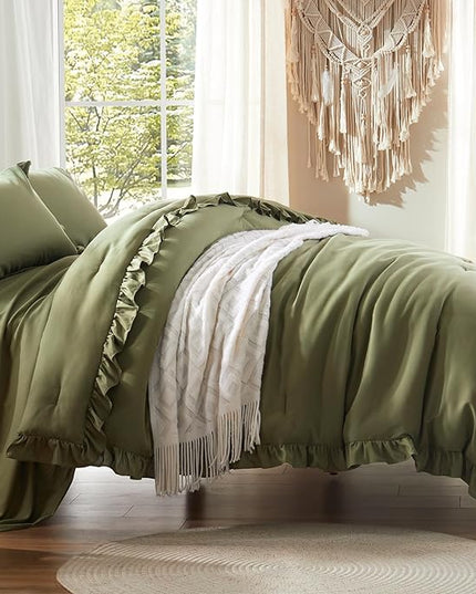 Anluoer Queen Comforter Set 7 Piece, Olive Green Bed in a Bag with Sheets, All Season Ruffle Shabby Chic Bedding Sets with 1 Comforter, 2 Pillow Shams, 2 Pillowcases, 1 Flat Sheet, 1 Fitted Sheet - LeafyLoom