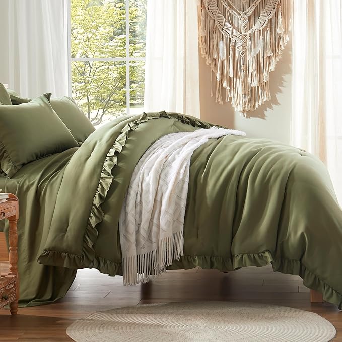 Anluoer Queen Comforter Set 7 Piece, Olive Green Bed in a Bag with Sheets, All Season Ruffle Shabby Chic Bedding Sets with 1 Comforter, 2 Pillow Shams, 2 Pillowcases, 1 Flat Sheet, 1 Fitted Sheet - LeafyLoom