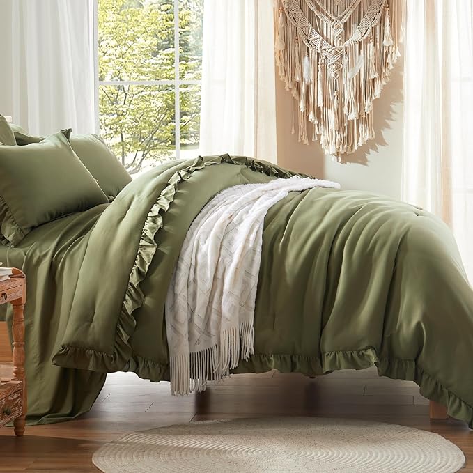 Anluoer Full Comforter Set 7 Piece, Olive Green Bed in a Bag with Sheets, All Season Ruffle Shabby Chic Bedding Sets with 1 Comforter, 2 Pillow Shams, 2 Pillowcases, 1 Flat Sheet, 1 Fitted Sheet - LeafyLoom