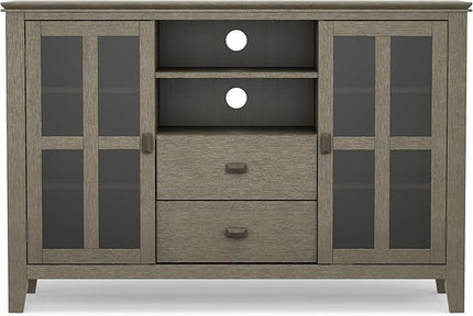 SIMPLIHOME Artisan SOLID WOOD Universal TV Media Stand, 53 inch Wide, Transitional, Living Room Entertainment Center with Storage, for Flat Screen TVs up to 60 inches in Farmhouse Grey - LeafyLoom