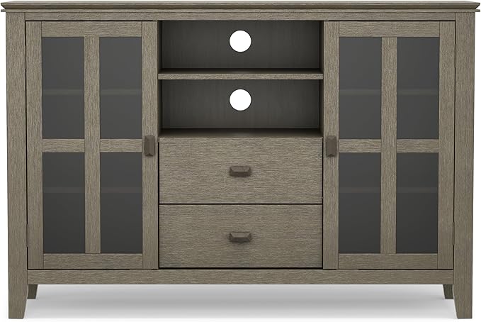 SIMPLIHOME Artisan SOLID WOOD Universal TV Media Stand, 53 inch Wide, Transitional, Living Room Entertainment Center with Storage, for Flat Screen TVs up to 60 inches in Farmhouse Grey - LeafyLoom