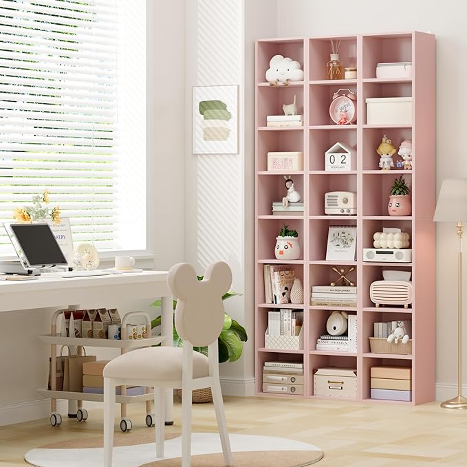 FOTOSOK 8-Tier Media Tower Rack, 11.6 X 9.3 X 70.9 Inches CD DVD Slim Storage Cabinet with Adjustable Shelves, Tall Narrow Bookcase Display Bookshelf for Home Office, Pink - LeafyLoom