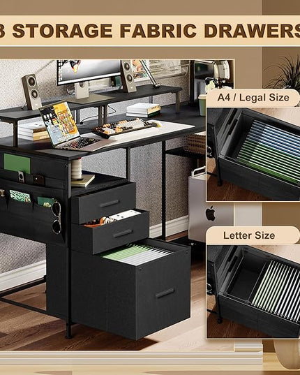 Computer Desk with 3 File Cabinet Drawers, 57.8'' Reversible Gaming Desk, Office Desk with Storage Shelves and Dual Monitor Stand for Home & Office (Black) - LeafyLoom