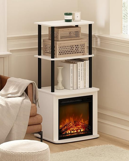 Furinno Turn-N-Tube 2-Tier Tall TV Entertainment Side Table Display Rack with Fireplace Insert, Solid White/Black - LeafyLoom