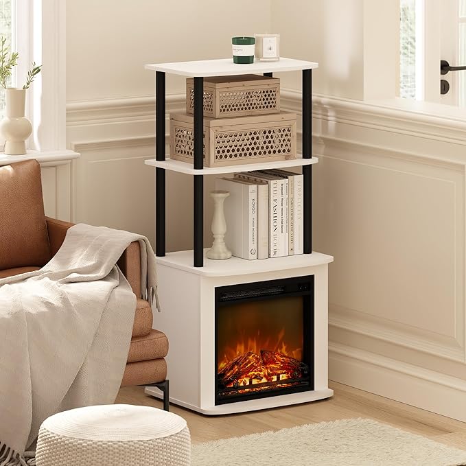 Furinno Turn-N-Tube 2-Tier Tall TV Entertainment Side Table Display Rack with Fireplace Insert, Solid White/Black - LeafyLoom