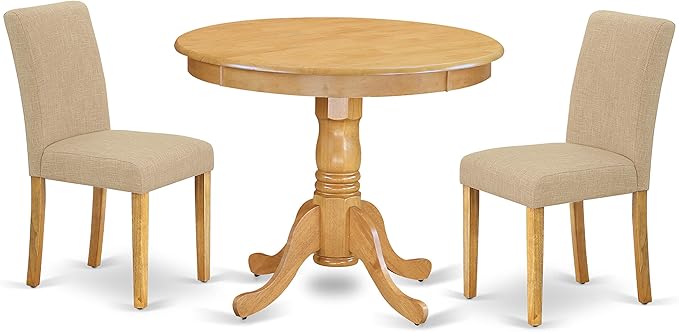 East West Furniture ANAB3-OAK-04 3 Piece Dinette Set for Small Spaces Contains a Round Dining Table with Pedestal and 2 Light Tan Linen Fabric Upholstered Chairs, 36x36 Inch - LeafyLoom