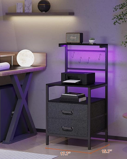 Tall Nightstand Set of 2 with Charging Station and LED Lights, Night Stand with Fabric Drawers, Bedside Table 36.4 Inch with Storage Shelves, Side Table, Mesh Shelves with Hooks, Black - LeafyLoom