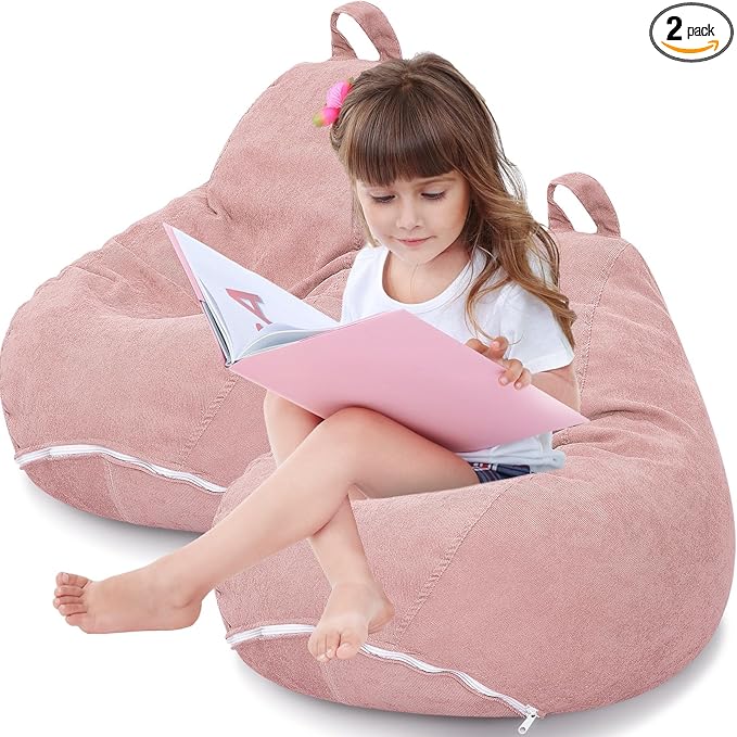 2 Pcs 100L Stuffed Animal Storage Bean Bag Chair Cover (No Filler) for Kids Soft Corduroy Stuffable Bean Bag Zipper for Organizing Children Plush Toys(Pink) - LeafyLoom