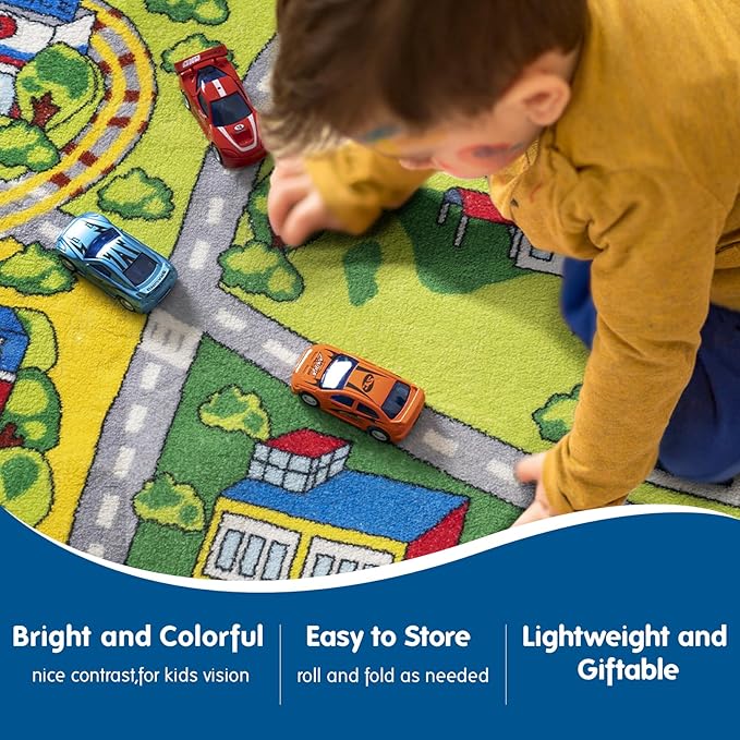 Booooom Jackson Car Mat for Kids Toy Cars,Soft Kids Play Rug,Non Slip Race Car Rug Car Play Mat,Road Rug,Train Rug,Washable Kids Rug for Bedroom Boys,Playroom,Preschool,Area Rug for Kids Room Cars - LeafyLoom