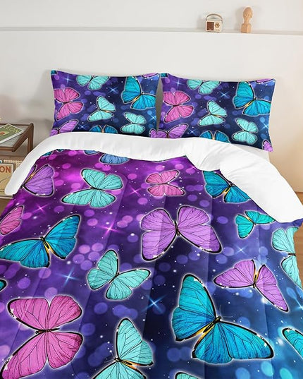 HOSIMA Butterfly Comforter Set with 2 Pillowcases,Glitter Purple Blue Butterfly Printed Bedding King Size Comforter Set for Adults Kids,Starry Sky Galaxy Comforter Butterfly Room Decor Aesthetics. - LeafyLoom