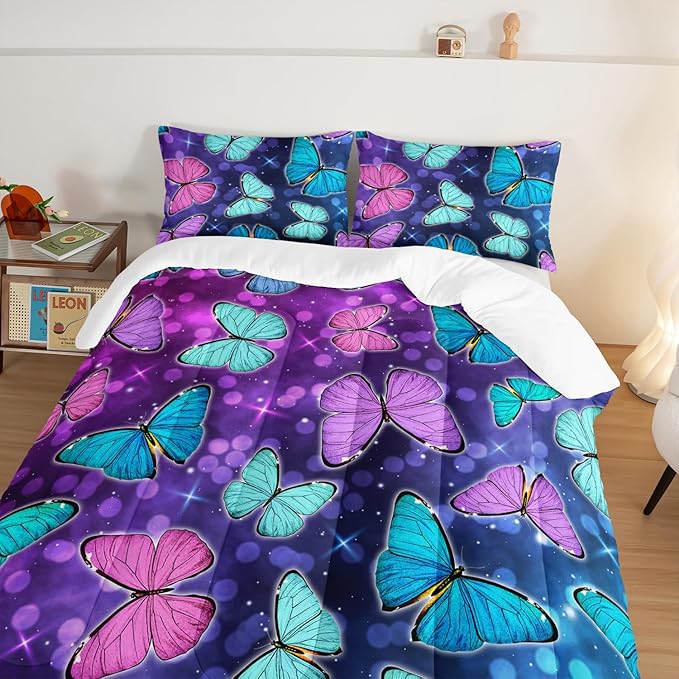 HOSIMA Butterfly Comforter Set with 2 Pillowcases,Glitter Purple Blue Butterfly Printed Bedding King Size Comforter Set for Adults Kids,Starry Sky Galaxy Comforter Butterfly Room Decor Aesthetics. - LeafyLoom