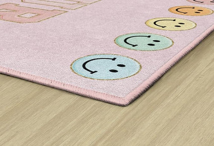 Flagship Carpets Schoolgirl Style This is Our Happy Place on Pink Educational Area Rug for Kids Room Seating Décor, Children's Classroom, Play Carpet for Teaching and Playroom, 7'6" x 12' - LeafyLoom