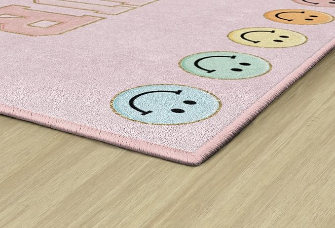 Flagship Carpets Schoolgirl Style This is Our Happy Place on Pink Educational Area Rug for Kids Room Seating Décor, Children's Classroom, Play Carpet for Teaching and Playroom, 7'6" x 12' - LeafyLoom
