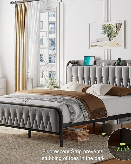 Feonase Full Size Bed Frame with Type-C & USB Port, Fast Charging Metal Platform Beds, Velvet Upholstered Headboard & Footboard, 12" Under Bed Storage Space, Easy Assembly, Noise-Free, Gray - LeafyLoom
