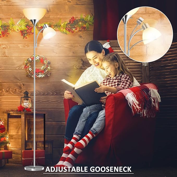 Floor Lamp, Remote Control with 4 Color Temperatures, LED Torchiere Floor Lamp with Adjustable Reading Lamp for Bedroom, Standing Lamps for Living Room, Bulb Included (Brushed Nickel - LeafyLoom