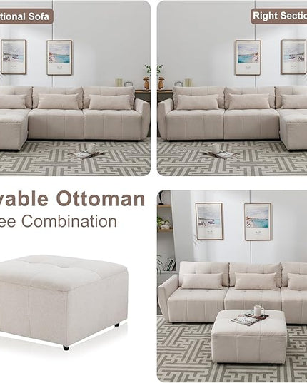 113.3" L-Shaped Sectional 3-Seat Sofa, Convertiblet Chenille Upholstered Couch with Movable Ottoman and two USB Ports for Apartment, Living Room, Bedroom, 113.3 Inch, Beige - LeafyLoom