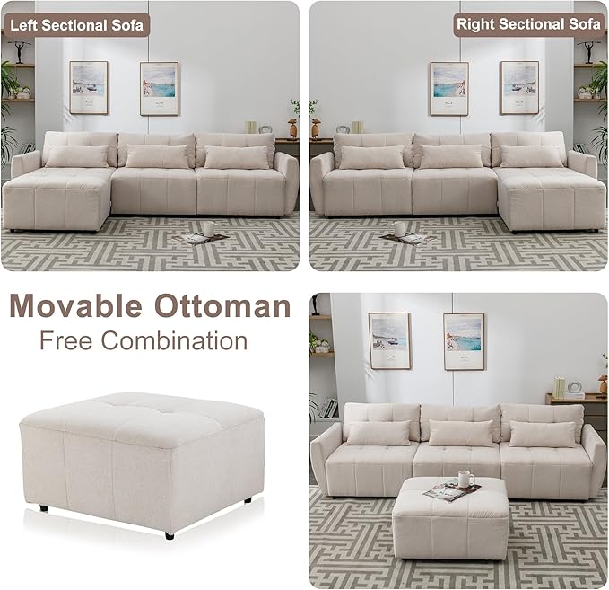 113.3" L-Shaped Sectional 3-Seat Sofa, Convertiblet Chenille Upholstered Couch with Movable Ottoman and two USB Ports for Apartment, Living Room, Bedroom, 113.3 Inch, Beige - LeafyLoom