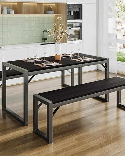 SHA CERLIN 3-Piece Dining Table Set with 2 Benches, Rustic Kitchen Table Set for 4-6, Space-Saving Dinette, Sturdy Structure, Easy Assemble, Black/Grey - LeafyLoom