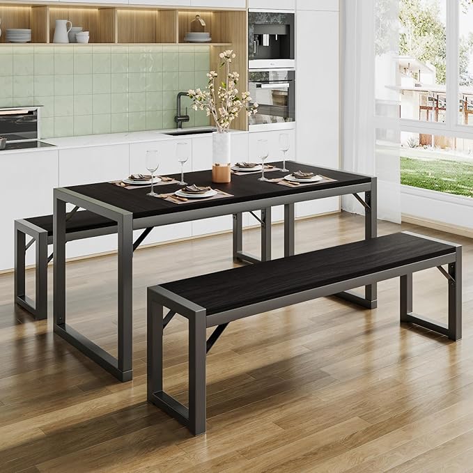 SHA CERLIN 3-Piece Dining Table Set with 2 Benches, Rustic Kitchen Table Set for 4-6, Space-Saving Dinette, Sturdy Structure, Easy Assemble, Black/Grey - LeafyLoom