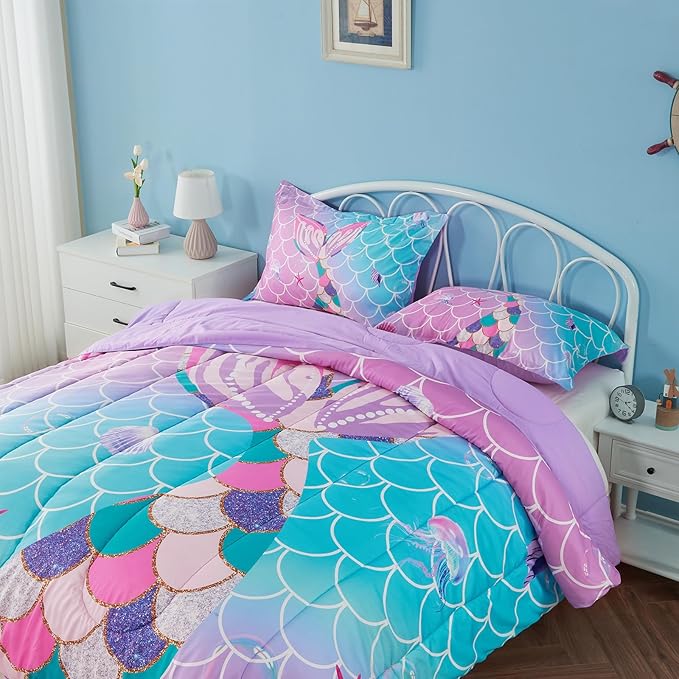 Twin/Twin XL Comforter Set for Girls Mermaid Tail Rainbow Scales Bedding Set 2 Pieces Twin Size Comforter with Pillowcase for Kids, Teenagers - LeafyLoom