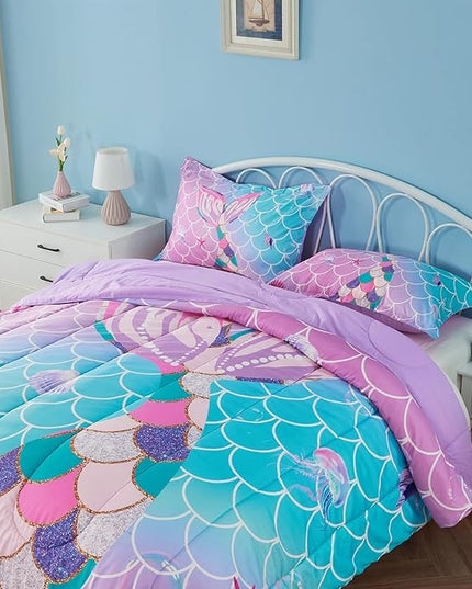 Queen Size Comforter Sets for Girls Mermaid Tail Rainbow Scales Bedding Set 3 Pieces Queen Comforter with 2 Pillowcases for Kids, Teenagers - LeafyLoom