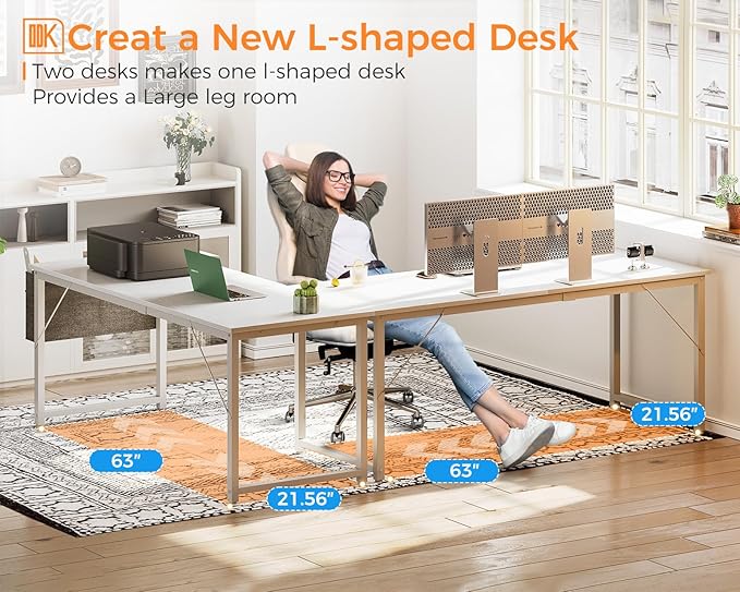 ODK Computer Desk Large Office Desk, 63 Inch Gaming Desk with Storage, Modern PC Desk Work Table with Headphone Hook for Home Office, Spliced Tabletop, White + White Leg - LeafyLoom