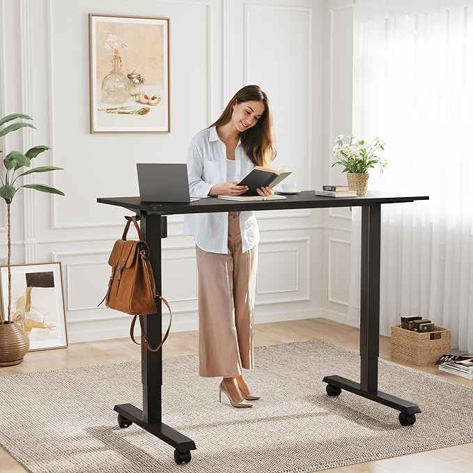 Electric Standing Desk 55 Inch, Ergonomic Height Adjustable Table with T-Shaped Metal Bracket Modern Computer Workstations for Home Office, Black, 55 x 24 Inch - LeafyLoom