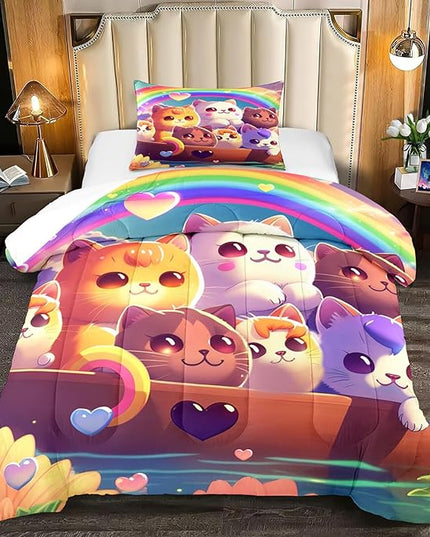 Cat Comforter Set, Cute Cat Bedding Set, Twin Size Comforter Set for Girls Cat Comforter Cartoon Cat Rainbow Printed Bedding Sets for Kids Girls Kawaii Cat Bedding Sets, 1 Comforter+1 Pillowcase - LeafyLoom