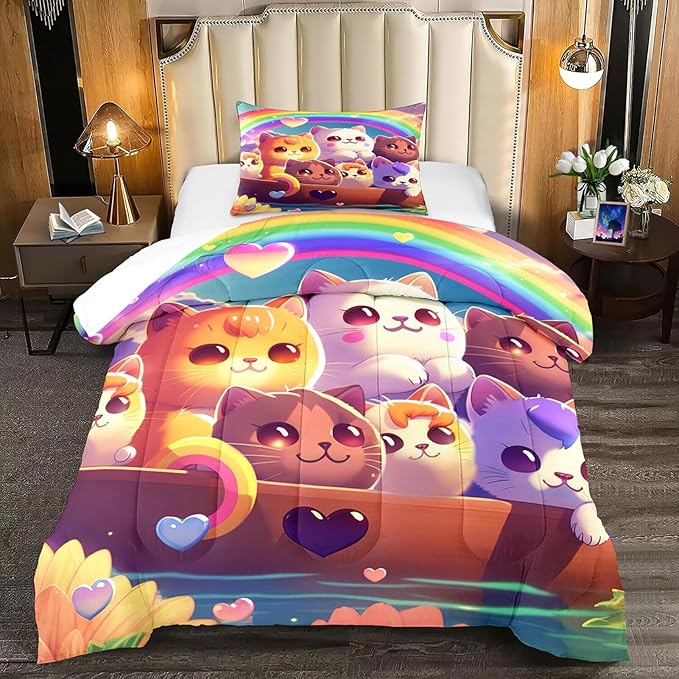 Cat Comforter Set, Cute Cat Bedding Set, Twin Size Comforter Set for Girls Cat Comforter Cartoon Cat Rainbow Printed Bedding Sets for Kids Girls Kawaii Cat Bedding Sets, 1 Comforter+1 Pillowcase - LeafyLoom