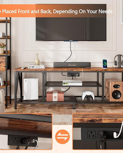 Furologee TV Stand with Power Outlets for 65 70 inch TV, Entertainment Center with Open Storage Shelves, Long 63'' TV Media Console Table with Soundbar Shelf for Living Room, Bedroom, Rustic Brown - LeafyLoom