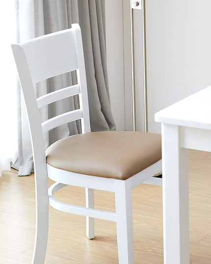 Livinia Cabin Dining Chair Set of 2, Solid Malaysian Oak PU Leather Upholstered Cushion Seat Wooden Ladder Back Side Chairs (White) Assembly Required - LeafyLoom
