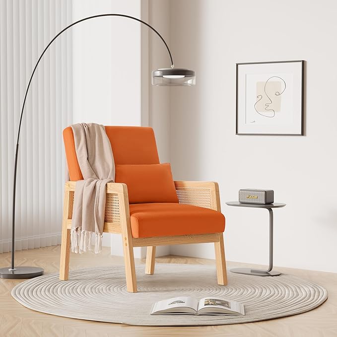 YESHOMY Mid-Century Accent Chair with Pillow Upholstered with Solid Frame & Breathable Armrest for Living Room, Orange - LeafyLoom
