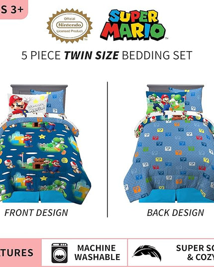 Franco Kids Bedding Super Soft Comforter and Sheet Set with Sham, 5 Piece Twin Size, Mario - LeafyLoom