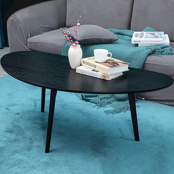 FIRMINANA Mid Century Modern Coffee Table,Large Oval Black Coffee Table for Living Room,Oval Small Mangotop Black Coffee Table for Small Spaces,Black-47.3" W x23.63 D x 17.72" H - LeafyLoom