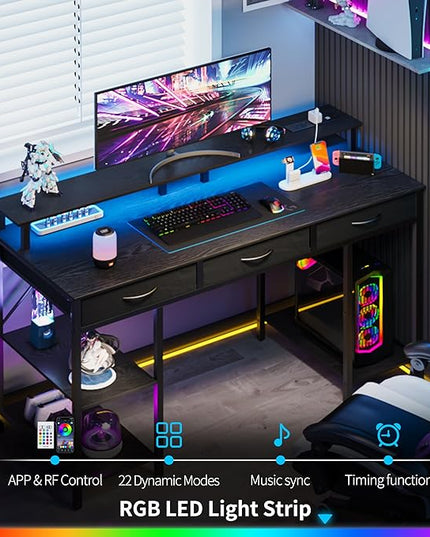 Yoobure Computer Desk with Drawers, Office Desk with LED Lights & Outlets, Small Desk with Storage Shelves, Gaming Desk 48" Home Office Desks with Monitor Stand, Writing Desk for Bedroom Small Spaces - LeafyLoom