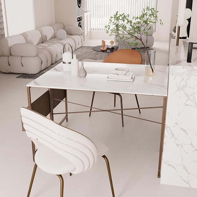 Pamray 47 Inch Computer Desk Small Spaces Desk with Storage Bag for Bedroom Writing and Home Office Work Small Study Desk Table White Marble - LeafyLoom
