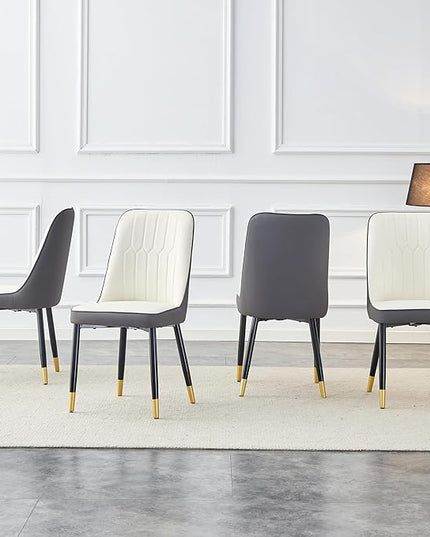 Modern Set of 4, Faux Leather Dining PU Upholstered Kitchen Chair with Black Golden Metal Legs for Home Living Room, Restaurant, 4 Piece, White+gray - LeafyLoom