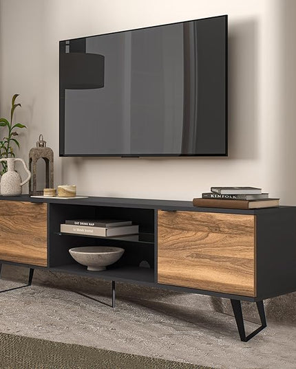 Atelier Mobili Mid Century Modern TV Stand | Farmhouse Entertainment Center for Living Room | TV Stand for 75 Inch TV | Gray TV Stand | Walnut TV Stand for Living Room 75 inch TV | Adjustable Shelf - LeafyLoom