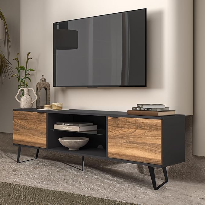 Atelier Mobili Mid Century Modern TV Stand | Farmhouse Entertainment Center for Living Room | TV Stand for 75 Inch TV | Gray TV Stand | Walnut TV Stand for Living Room 75 inch TV | Adjustable Shelf - LeafyLoom