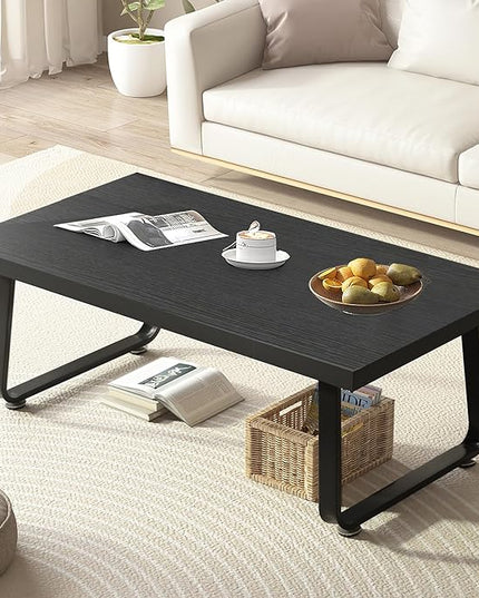 HSH Black Coffee Table, Industrial Wood and Metal Legs Center Table, Modern Minimalist Rectangle Cocktail Table for Living Room, Farmhouse Wooden Tea Table for Bedroom Home Office, Black Oak, 47 Inch - LeafyLoom