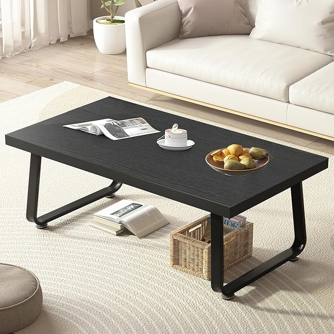 HSH Black Coffee Table, Industrial Wood and Metal Legs Center Table, Modern Minimalist Rectangle Cocktail Table for Living Room, Farmhouse Wooden Tea Table for Bedroom Home Office, Black Oak, 47 Inch - LeafyLoom