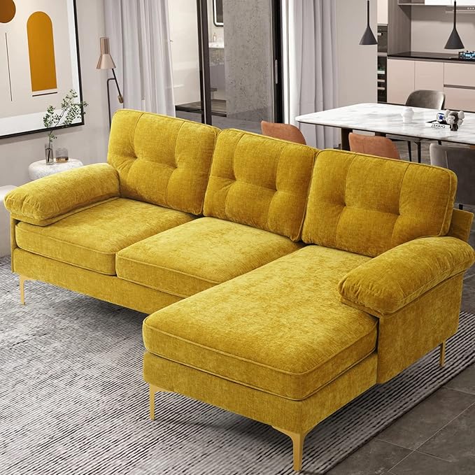 EASELAND 82" L-Shape Sofa with Reversible Chaise Lounge, Convertible Sectional Sofa Couch, Chenille Modern Sofa Couch for Living Room, Apartment and Office, Removable Cover (Yellow) - LeafyLoom