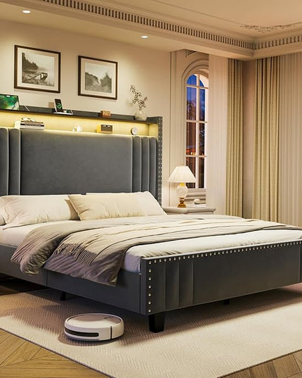 Queen Bed Frame withTall Headboard & LED Light,Velvet Upholstered Wingback Storage Headboard with Charging Station,Tufted Platform Bed Frame,No Box Spring Needed Dark Grey - LeafyLoom