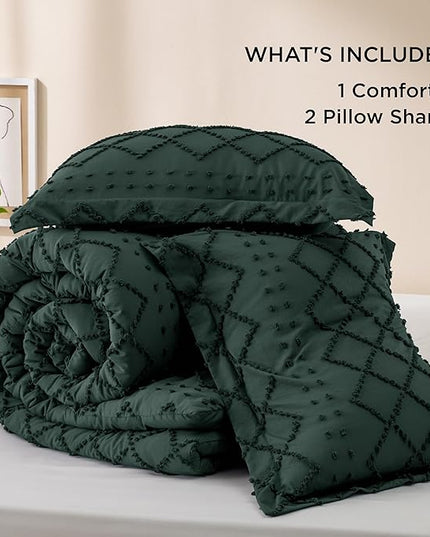Bedsure California King Comforter Set - Forest Green Comforter, Boho Tufted Shabby Chic Bedding Comforter Set, 3 Pieces Farmhouse Bed Set for All Seasons, Fluffy Bedding Set with 2 Pillow Shams - LeafyLoom