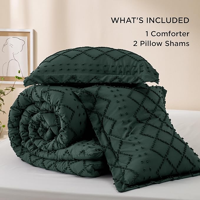 Bedsure California King Comforter Set - Forest Green Comforter, Boho Tufted Shabby Chic Bedding Comforter Set, 3 Pieces Farmhouse Bed Set for All Seasons, Fluffy Bedding Set with 2 Pillow Shams - LeafyLoom