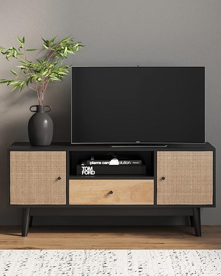 Nathan James Bonnie Modern TV Stand Entertainment Cabinet, Console with a Natural Wood Finish with Storage Doors for Living Media Room, with Drawer, Black Oak/Rattan - LeafyLoom
